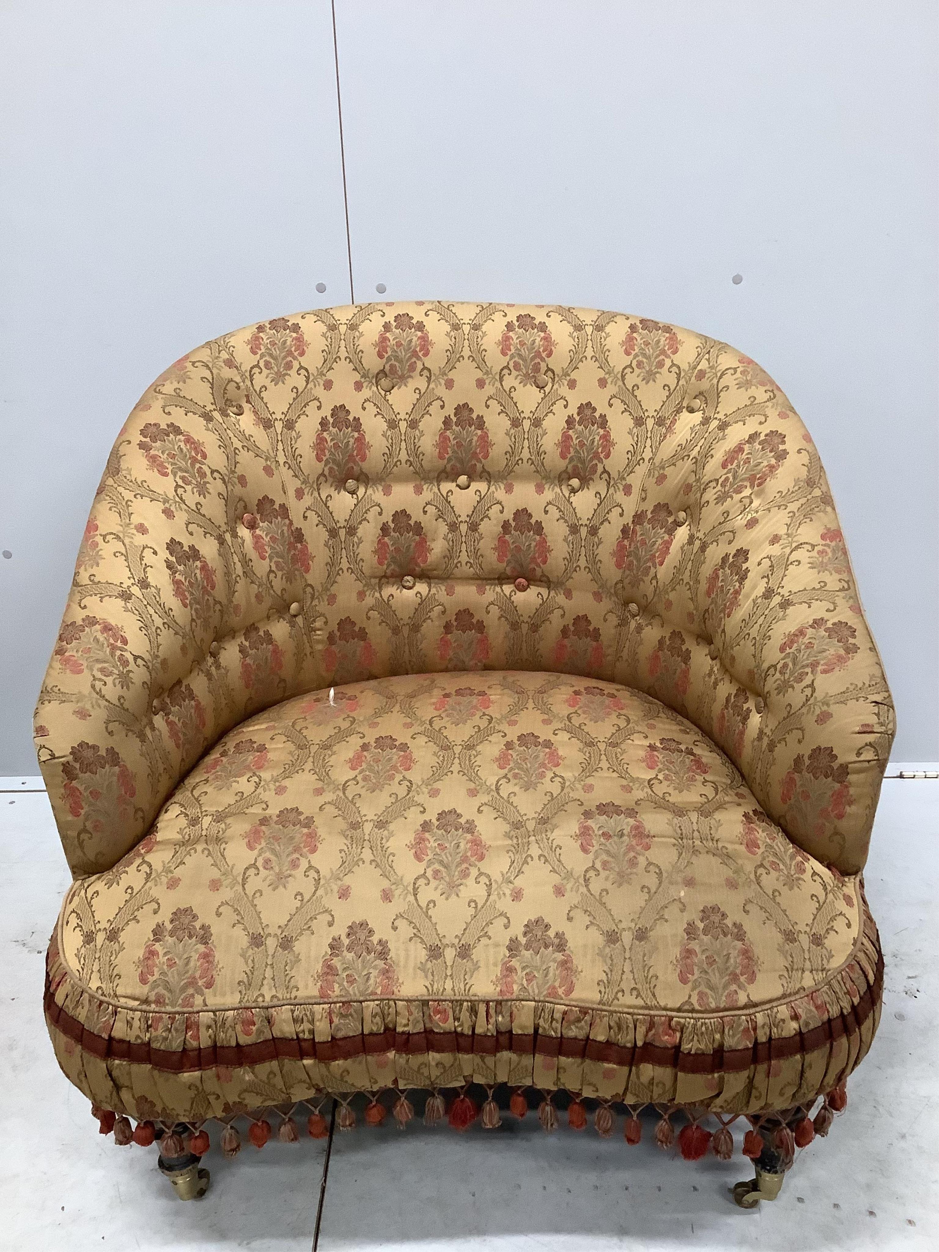 A pair of Provosi upholstered 'Tuffet' armchairs, width 94cm, depth 82cm, height 86cm. Condition - fair to good